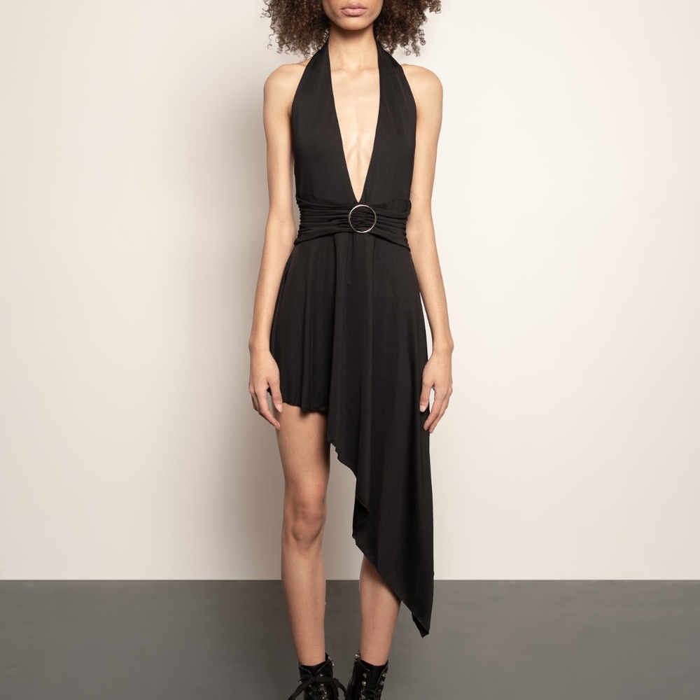 Isabelle LaRue BNWT Asymmetrical V-Cut Sexy Black Halter Dress